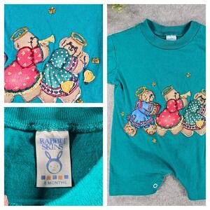 Vintage Rabbit Skins Baby‎ Bunting Teal Teddy Bear Angels Tshirt Romper 6m